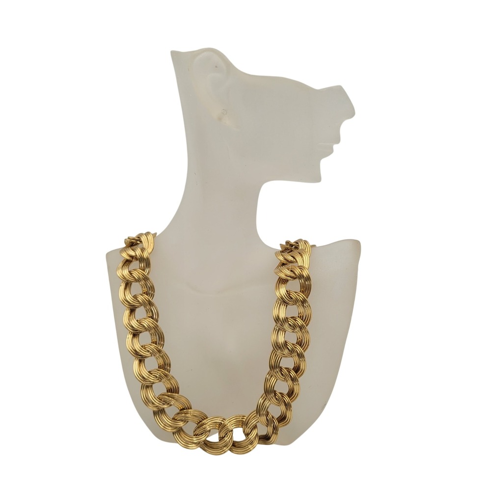 Vintage Monet Gold Tone Chunky Heavy Triple Link Ribbed Collar Necklace 18 Inch
